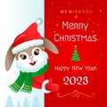 Merry Christmas and Happy New Year 2023 greeting card. Cute rabbit dressed as Santa. vector illustration Royalty Free Stock Photo