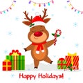 Merry Christmas and Happy New Year 2020 greeting card. Cute reindeer Santa hat and scarf holding a lollipop on the background of Royalty Free Stock Photo