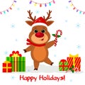 Merry Christmas and happy new year 2020 greeting card. Cute reindeer in santa hat and scarf holds a lollipop on the background of Royalty Free Stock Photo