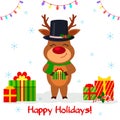 Merry Christmas and Happy New Year 2020 greeting card. Cute reindeer in a snowman hat and scarf holds a gift on a background of Royalty Free Stock Photo