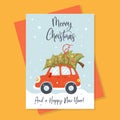 Merry christmas and happy new year greeting card with cute retro car with christmas tree on the roof. Postcard, poster Royalty Free Stock Photo