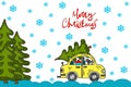 Merry christmas and happy new year greeting card with cute retro car with christmas tree on the roof. Postcard, poster, invitation Royalty Free Stock Photo