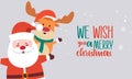 Merry christmas and happy new year greeting card with cute santa claus and deer