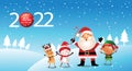 Merry Christmas and happy new year 2022 greeting card with cute Santa Claus, little elf, snowman and deer. Holiday cartoon Royalty Free Stock Photo