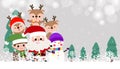 Merry Christmas and happy new year greeting card with cute Santa Claus, snowman, little elf and deer. Holiday cartoon character