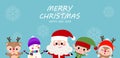 Merry Christmas and happy new year greeting card with cute Santa Claus, snowman, little elf and deer. Holiday cartoon character