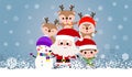 Merry Christmas and happy new year greeting card with cute Santa Claus, snowman, little elf and deer. Holiday cartoon character Royalty Free Stock Photo