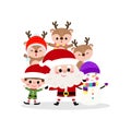 Merry Christmas and happy new year greeting card with cute Santa Claus, snowman, little elf and deer. Holiday cartoon character Royalty Free Stock Photo