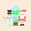 Merry Christmas and Happy New Year greeting card with cute Santa Claus Snowman and Christmas tree