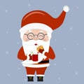 Merry Christmas and Happy New Year greeting card. A cute Santa Claus wearing glasses holds a cup of cocoa and oatmeal cookies with
