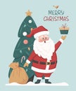 Merry Christmas and Happy New Year greeting card with cute Santa Claus, Xmas tree and bag of gifts box. Santa Claus brought gifts Royalty Free Stock Photo