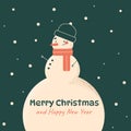 Merry Christmas and happy new year greeting card with cute snowman. Holiday cartoon character. Vector flat illustration Royalty Free Stock Photo