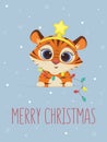 Merry Christmas and Happy New Year greeting card. Cute tiger in a headband with a star and a garland on a background of