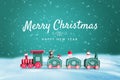 Merry Christmas and Happy New Year greeting card with cute train toy on snow with green background Royalty Free Stock Photo