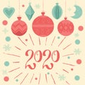 2020 Merry Christmas and Happy new year! Greeting card with Christmas decorations and hand lettering type
