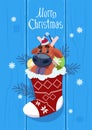 Merry Christmas And Happy New Year Greeting Card With Deer Hanging In Present Sock Winter Holidays Banner Concept Royalty Free Stock Photo