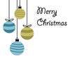 Merry Christmas happy new year, greeting card design with four hanging christmas ball baubles in simple flat retro style with blue Royalty Free Stock Photo