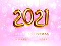 Merry Christmas and Happy New Year 2021 greeting card. Design with 2021 gold numbers, sparkling bokeh lights confetti and Royalty Free Stock Photo