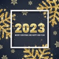 2023 Merry Christmas and Happy New Year greeting card design with golden numbers and shiny gold glitter snowflakes on Royalty Free Stock Photo