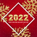 2022 Merry Christmas and Happy New Year greeting card design with shiny golden numbers and gold glitter snowflakes on Royalty Free Stock Photo