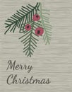 Merry Christmas and Happy New Year greeting card design. Taxus baccata tree branches with red berries and fir twigs