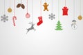 Merry Christmas and Happy New Year greeting card design template layout on white background with hanging toy, sock, gift, feer,