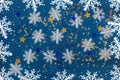 Merry Christmas and Happy New Year greeting card design with white paper cut snowflakes and glitter confetti on blue background