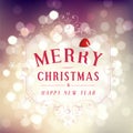 Merry Christmas and Happy New Year greeting card festive inscription with ornamental elements on bokeh vintage background, vector Royalty Free Stock Photo