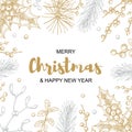 Merry Christmas and happy New Year greeting card with floral elements. Hand drawn vector illustration Royalty Free Stock Photo