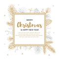 Merry Christmas and happy New Year greeting card with floral elements. Hand drawn vector illustration Royalty Free Stock Photo