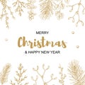 Merry Christmas and happy New Year greeting card with floral elements. Hand drawn vector illustration Royalty Free Stock Photo