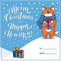 Merry Christmas and Happy New Year greeting card with fox