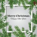 Merry Christmas and Happy New Year. Greeting card with frame and tree branches, pine cone and paper streamers on gray background.