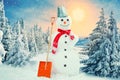 Merry christmas and happy new year greeting card .Funny snowman in a knitted scarf in a snowy forest. Royalty Free Stock Photo
