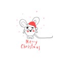 Merry Christmas and happy New Year Greeting Card. 2020 Funny White Mouse Wear Santa Claus Hat. Comic. Animal cartoon
