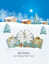 Merry Christmas and Happy New Year 2023. Greeting card with gift boxes and clock on snowy winter background. Christmas decoration Royalty Free Stock Photo