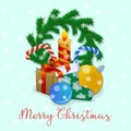 Merry Christmas and Happy New Year greeting card, gifts, Christmas wreath, candle and Christmas ball Royalty Free Stock Photo