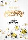 Merry Christmas and Happy New Year greeting card, golden calligraphy text, vector background template. Christmas gifts, golden Royalty Free Stock Photo