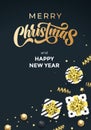 Merry Christmas and Happy New Year greeting card, golden calligraphy text and Xmas gifts. Vector Christmas golden ribbons Royalty Free Stock Photo