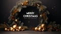 Merry Christmas and Happy New Year Greeting Card. Golden Christmas Wreath with Fir Tree Branches and Golden Balls Royalty Free Stock Photo