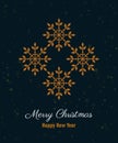 Merry Christmas Happy New Year greeting card with golden snowflakes and text on dark blue isolated background