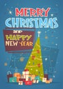 Merry Christmas And Happy New Year Greeting Card With Green Holiday Tree And Gifts