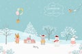 Merry Christmas and Happy new year greeting card with hand drawn cute animals send gift box by balloons on winter concept Royalty Free Stock Photo