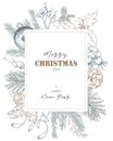 Merry Christmas and Happy New Year greeting card with hand drawn winter plants, pine cones, berries. Vector template Royalty Free Stock Photo