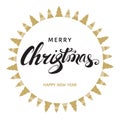 Merry Christmas and Happy New Year greeting card with hand let Royalty Free Stock Photo