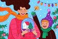 Merry Christmas and Happy New Year greeting card. Happy cheerful mom and daughter or son hold snow globe with house and Royalty Free Stock Photo