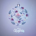 Merry Christmas and Happy New Year greeting card. Christmas holiday background with fir tree, snowflakes, glass balls, gift box Royalty Free Stock Photo