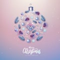 Merry Christmas and Happy New Year greeting card. Christmas holiday background with fir tree, snowflakes, glass balls, gift box Royalty Free Stock Photo