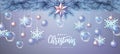 Merry Christmas and Happy New Year greeting card. Christmas holiday background with fir tree, snowflakes, glass balls and star Royalty Free Stock Photo