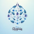 Merry Christmas and Happy New Year greeting card. Christmas holiday background with fir tree, snowflakes, glass balls and stars Royalty Free Stock Photo